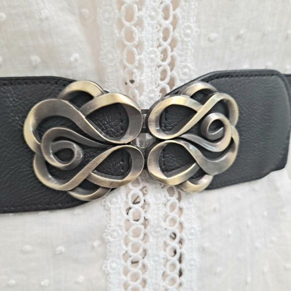 Black antique gold ornate buckle corset boho elastic wide waist dress belt - Picture 9 of 10